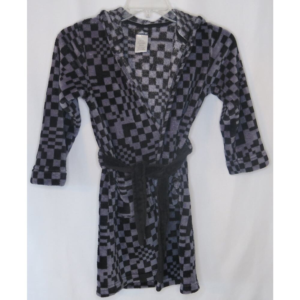 Cuddl Duds Youth Hooded Bath Robe Size M 8/10 Kids Gray Black Belt Pockets Cozy